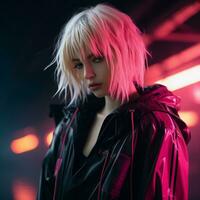 a woman in a black jacket with neon lights in the background generative ai photo