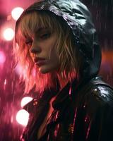 a woman in a black jacket standing in the rain generative ai photo