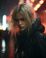 un mujer en un negro chaqueta en pie en el lluvia generativo ai foto