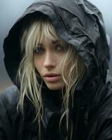 a woman in a black jacket with wet hair generative ai photo