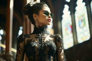 a woman in a black lace dress and sunglasses generative ai photo