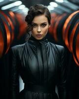 a woman in a black leather dress standing in front of orange and black circles generative ai photo