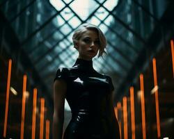 a woman in a black leather dress standing in an empty hallway generative ai photo