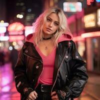 a woman in a black leather jacket and pink top standing in front of neon lights generative ai photo