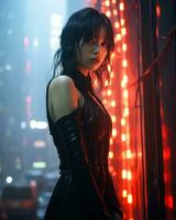 a woman in a black leather dress standing in front of red neon lights generative ai photo