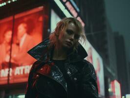 a woman in a black leather jacket standing in front of a building generative ai photo