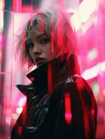 a woman in a black leather jacket standing in front of neon lights generative ai photo
