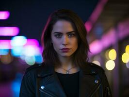 a woman in a black leather jacket standing in front of neon lights generative ai photo