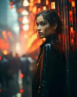 a woman in a black leather jacket standing in front of red lights generative ai photo