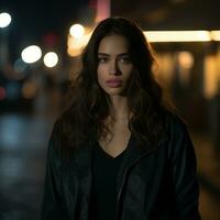 a woman in a black leather jacket standing on a street at night generative ai photo