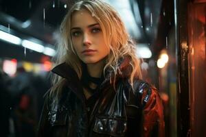 a woman in a black leather jacket standing in the rain generative ai photo