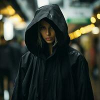 a woman in a black raincoat standing in a subway station generative ai photo