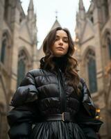 a woman in a black puffy coat standing in front of a church generative ai photo