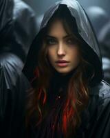 a woman in a black raincoat with red eyes generative ai photo