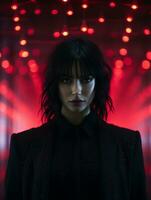 a woman in a black suit with red lights behind her generative ai photo