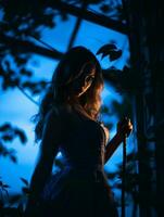 a woman in a blue dress standing in front of a tree generative ai photo