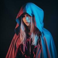 a woman in a blue hoodie and red cape generative ai photo
