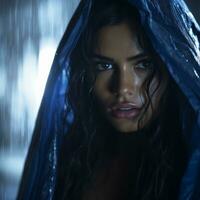 un mujer en un azul impermeable en pie en el lluvia generativo ai foto