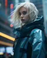 a woman in a blue raincoat standing in the middle of a city street generative ai photo