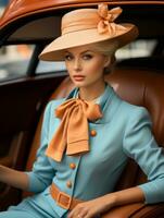 a woman in a blue suit and hat sitting in an old car generative ai photo