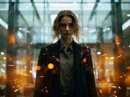 a woman in a business suit standing in front of fire generative ai photo