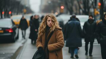 un mujer en un Saco caminando abajo un ciudad calle generativo ai foto