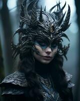 a woman in a costume with horns on her head generative ai photo