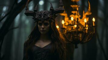 a woman in a dark forest with horns on her head generative ai photo