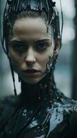 a woman in a cyber suit with wires on her head generative ai photo