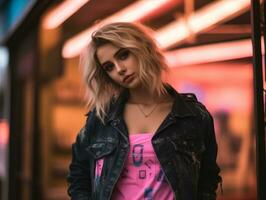 un mujer en un mezclilla chaqueta y rosado camisa en pie en frente de un neón firmar generativo ai foto