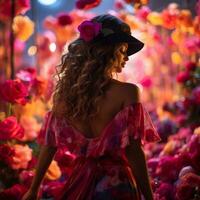 un mujer en un floral vestir y sombrero caminando mediante un campo de rosado flores generativo ai foto