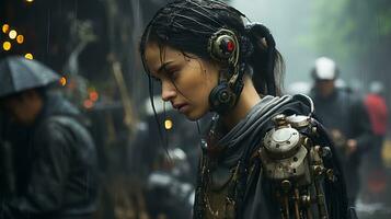 a woman in a futuristic costume standing in the rain generative ai photo