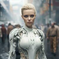 a woman in a futuristic suit standing in the middle of a city generative ai photo