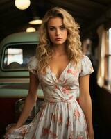 a woman in a floral dress standing in front of an old car generative ai photo