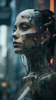 a woman in a futuristic robot suit standing in the rain generative ai photo