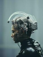 a woman in a futuristic suit with wires attached to her head generative ai photo