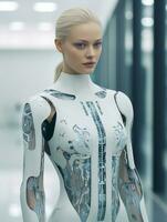 a woman in a futuristic suit standing in a hallway generative ai photo