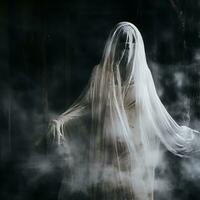 a woman in a ghostly white dress is standing in the smoke generative ai photo