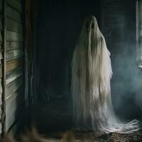 a woman in a ghostly white dress standing in an abandoned house generative ai photo