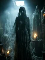 a woman in a ghostly dress standing in front of candles generative ai photo