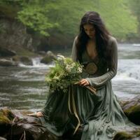 un mujer en un verde vestir sentado en un rock por un río generativo ai foto