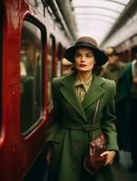 a woman in a green coat and hat standing on a train generative ai photo
