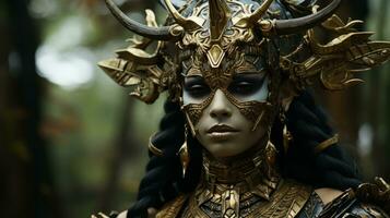 a woman in a gold and black costume with horns on her head generative ai photo