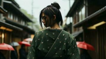 a woman in a green kimono standing in the rain with umbrellas generative ai photo