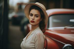 un mujer en un sombrero y blanco vestir posando siguiente a un antiguo coche generativo ai foto