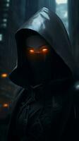 a woman in a hooded cloak with glowing eyes in the rain generative ai photo