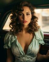a woman in a green dress sitting in the back seat of an old car generative ai photo