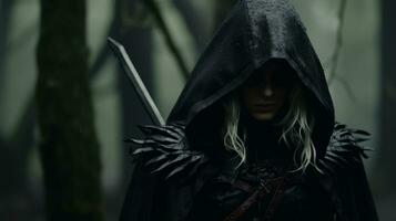 a woman in a hooded cloak with a sword in the woods generative ai photo