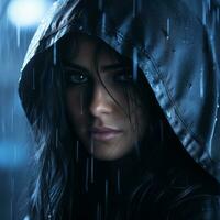 un mujer en un encapuchado chaqueta en el lluvia generativo ai foto