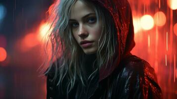 a woman in a hooded jacket standing in the rain generative ai photo